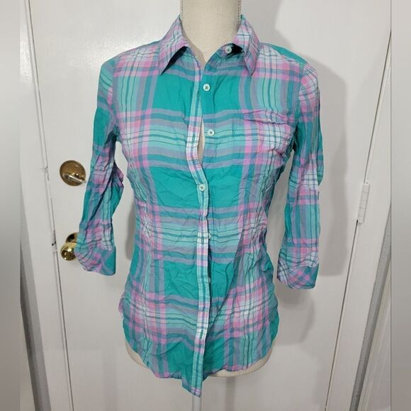 SO plaid 3/4 sleeve button up shirt - Picture 8 of 9